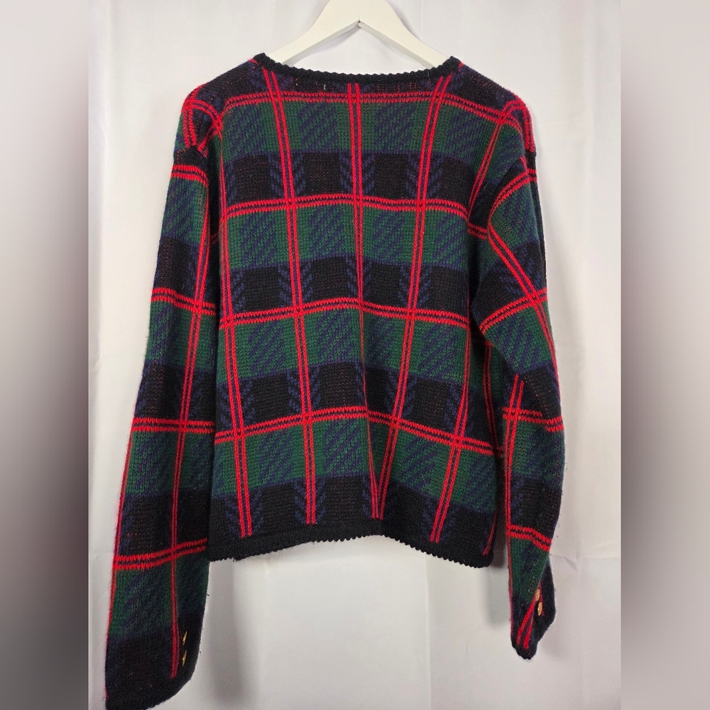 Vintage Tally Ho Cardigan Sweater Womens L Green Red Plaid Long Sleeve - Picture 3 of 6